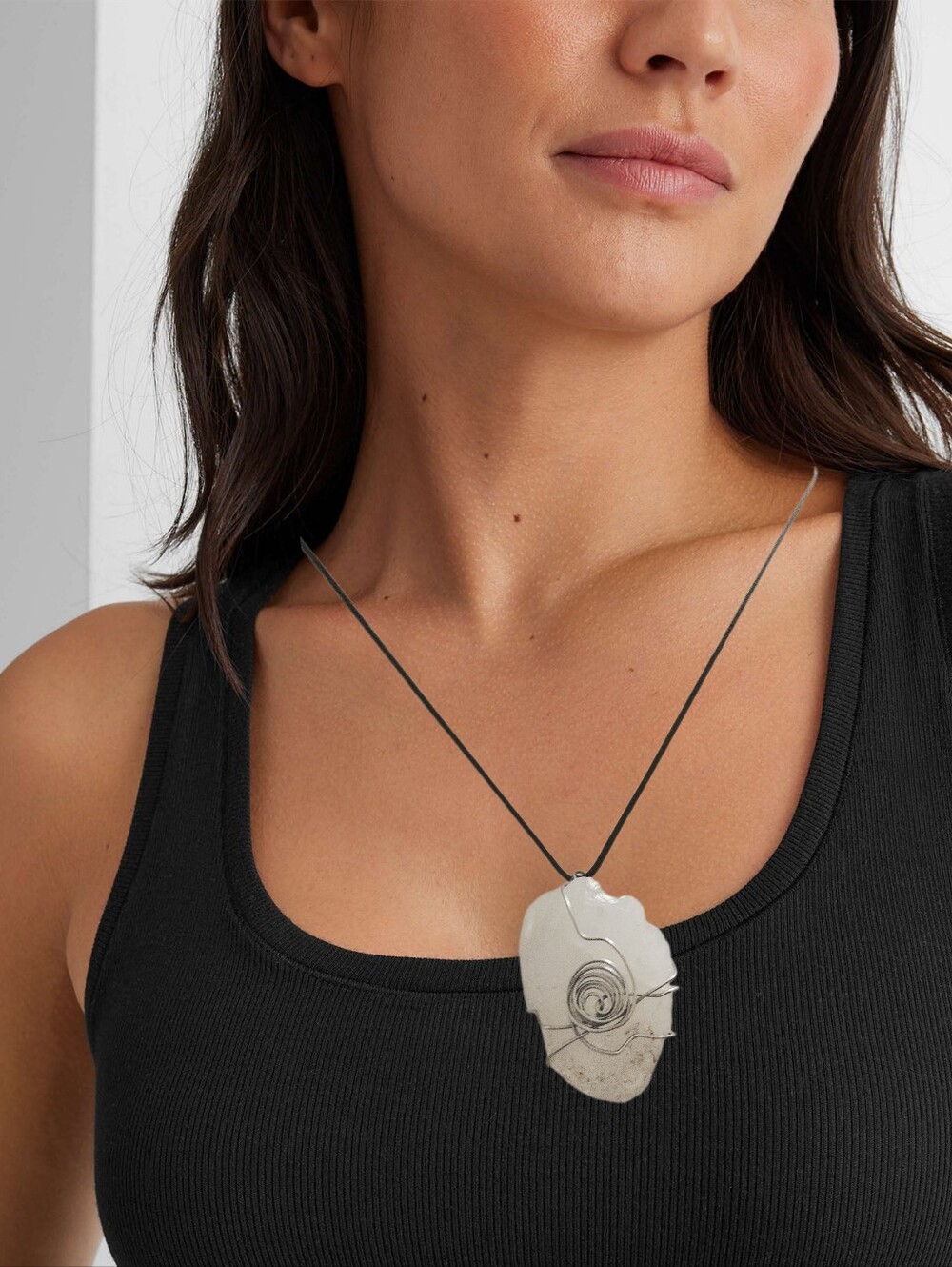 Large Raw White Quartz Pendant with Black Cord Necklace NWOT